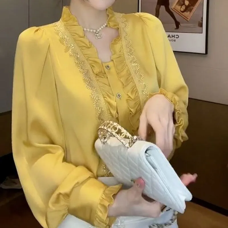 Women's Clothing Commute Solid Color Blouse Summer Korean Straight Stylish Ruffles Patchwork Elegant Lace Single-breasted Shirt