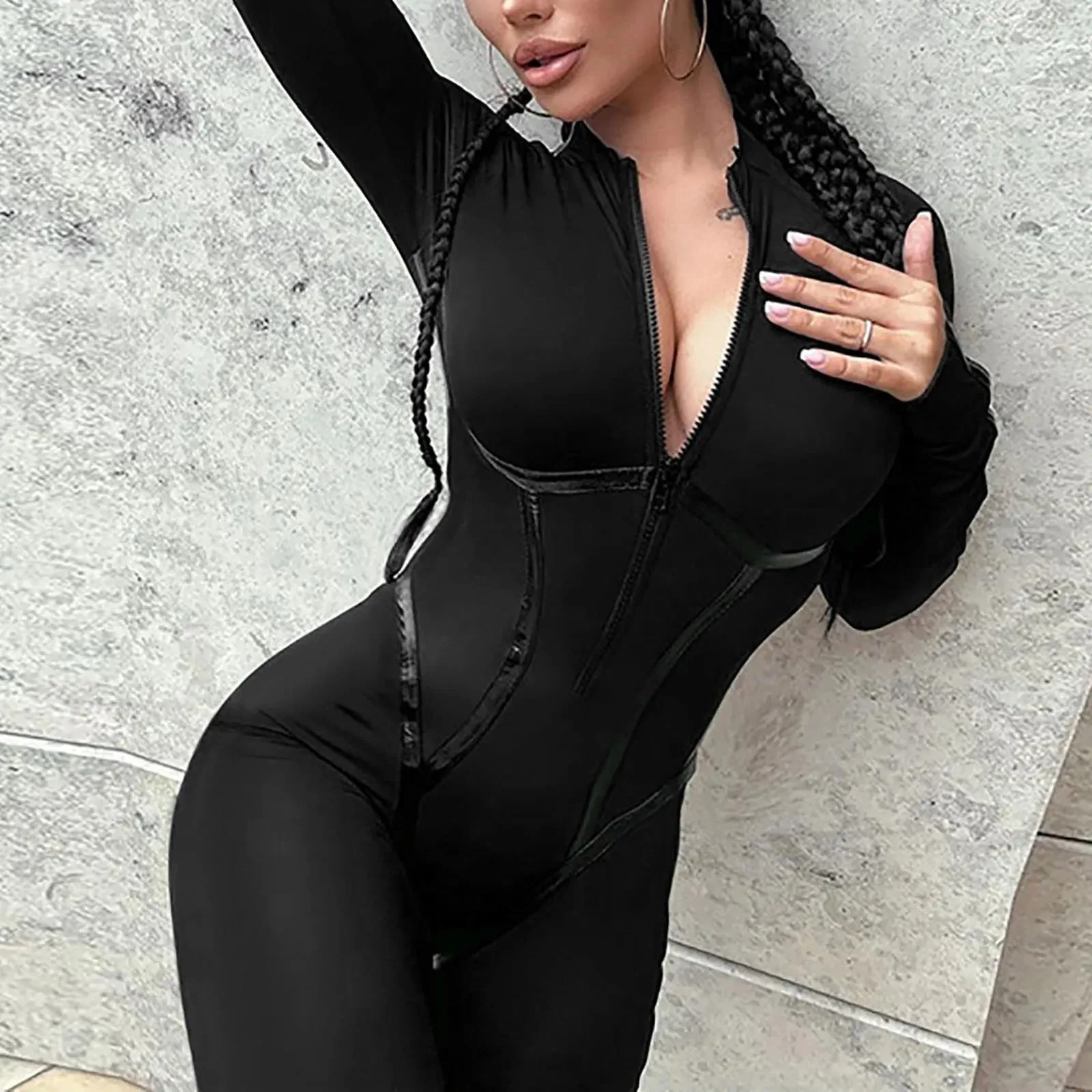 Women'S Clothing Promotion Women'S Long Tight Jumpsuit Long Sleeve Sports Jumpsuit With Zip Playsuits Sporty Combinaison Femme
