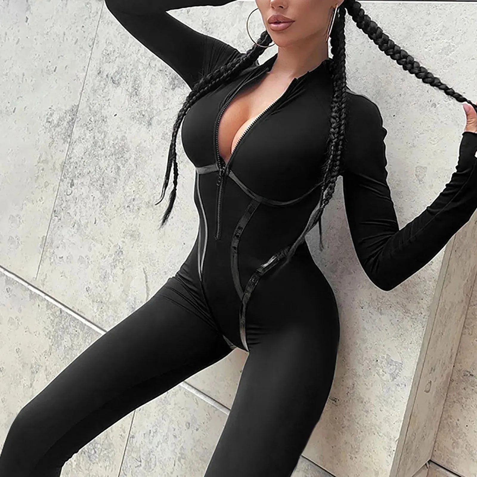 Women'S Clothing Promotion Women'S Long Tight Jumpsuit Long Sleeve Sports Jumpsuit With Zip Playsuits Sporty Combinaison Femme