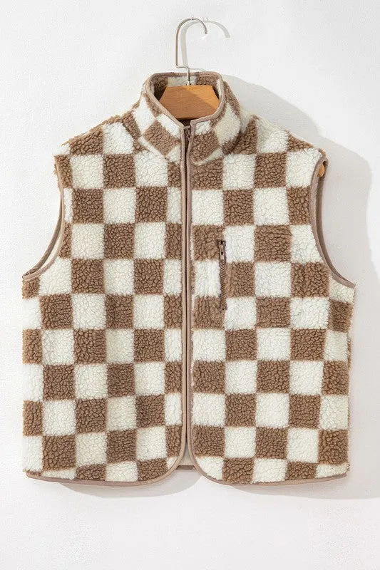 Women's Khaki Checkered Sherpa Collared Jacket Vest