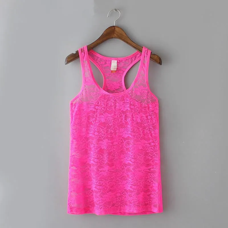 Womens SEXY See Through Lace Tank Tops Women Solid Pink Lace Vests Red Sleeveless Tops XS S M L