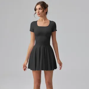 Women'S Square Tie Leggings Pleated Hem Mini Dress