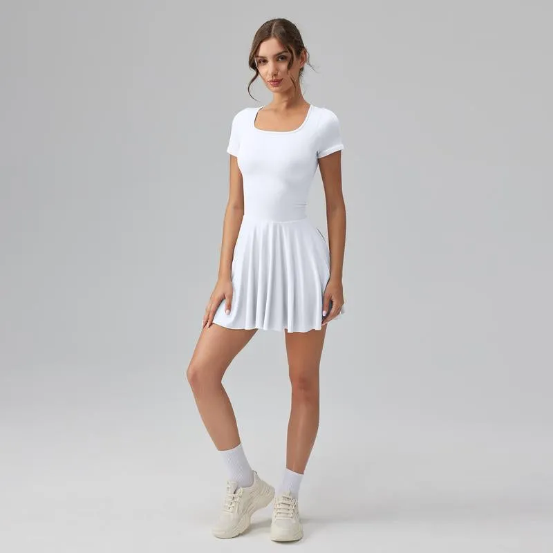 Women'S Square Tie Leggings Pleated Hem Mini Dress