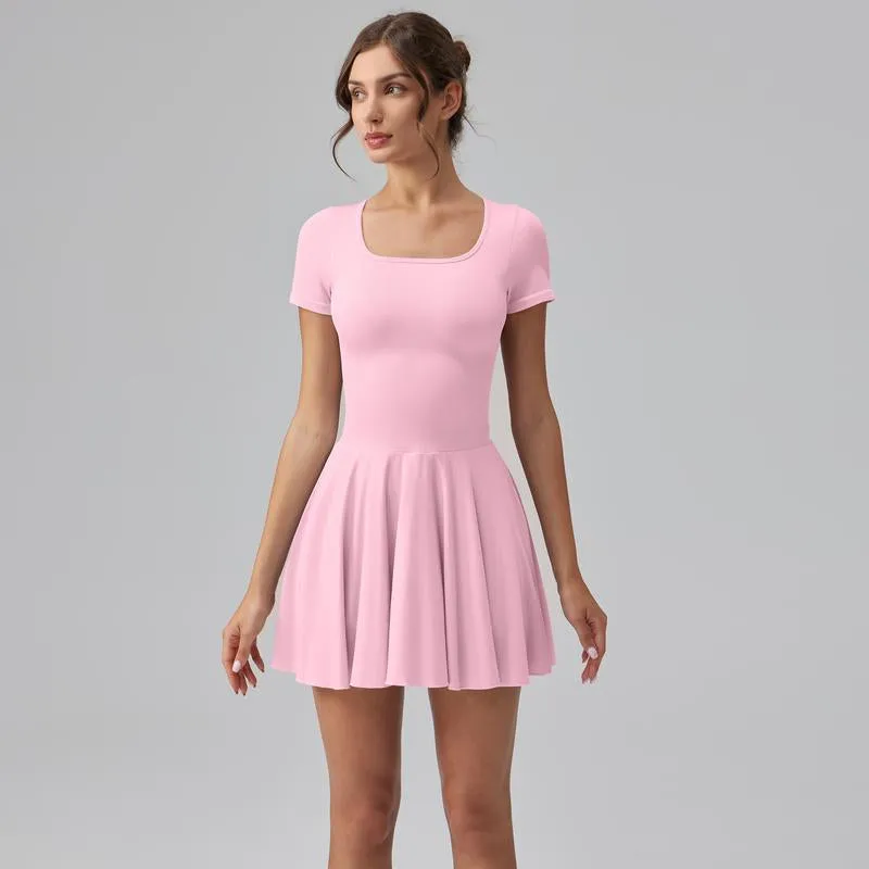 Women'S Square Tie Leggings Pleated Hem Mini Dress