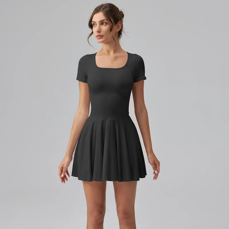 Women'S Square Tie Leggings Pleated Hem Mini Dress