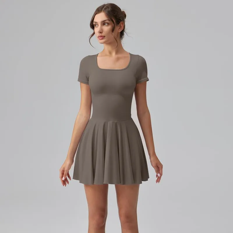 Women'S Square Tie Leggings Pleated Hem Mini Dress