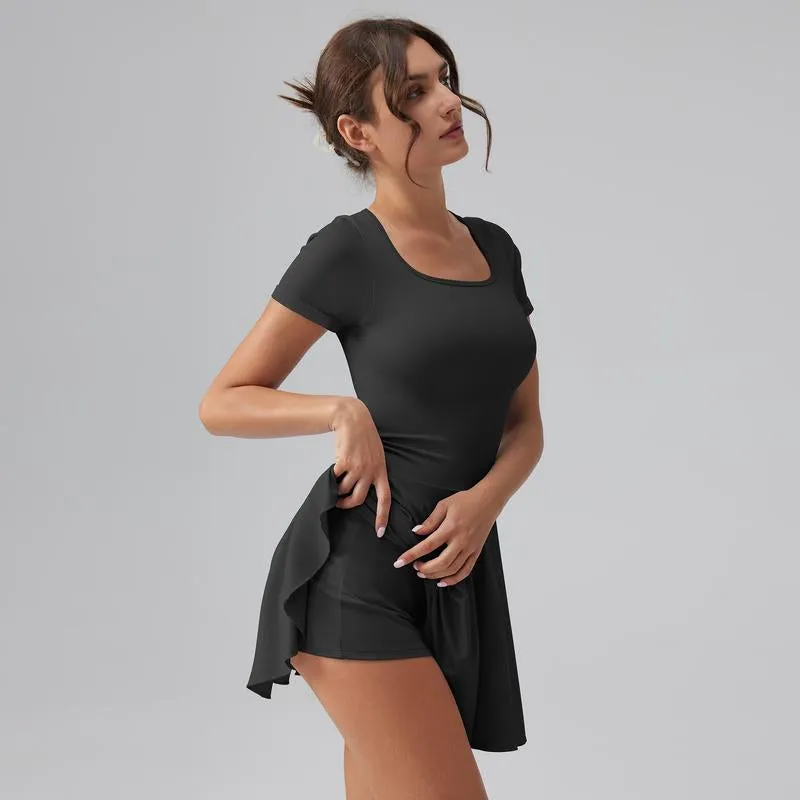 Women'S Square Tie Leggings Pleated Hem Mini Dress