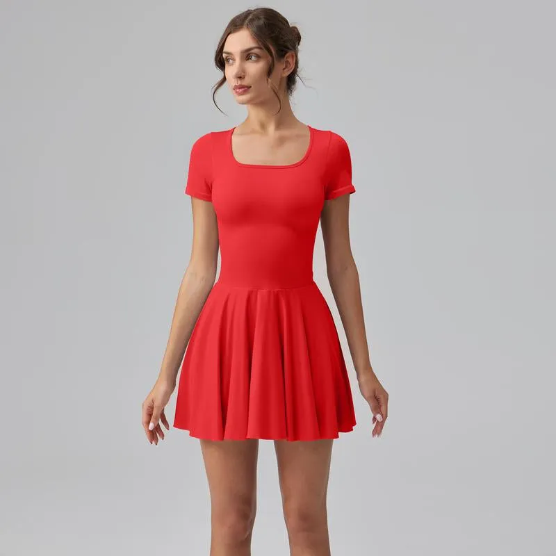 Women'S Square Tie Leggings Pleated Hem Mini Dress