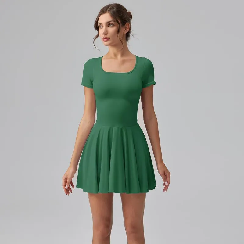 Women'S Square Tie Leggings Pleated Hem Mini Dress