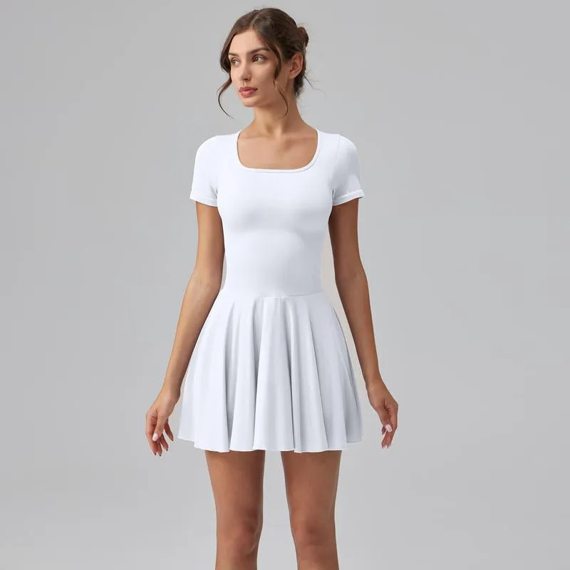 Women'S Square Tie Leggings Pleated Hem Mini Dress