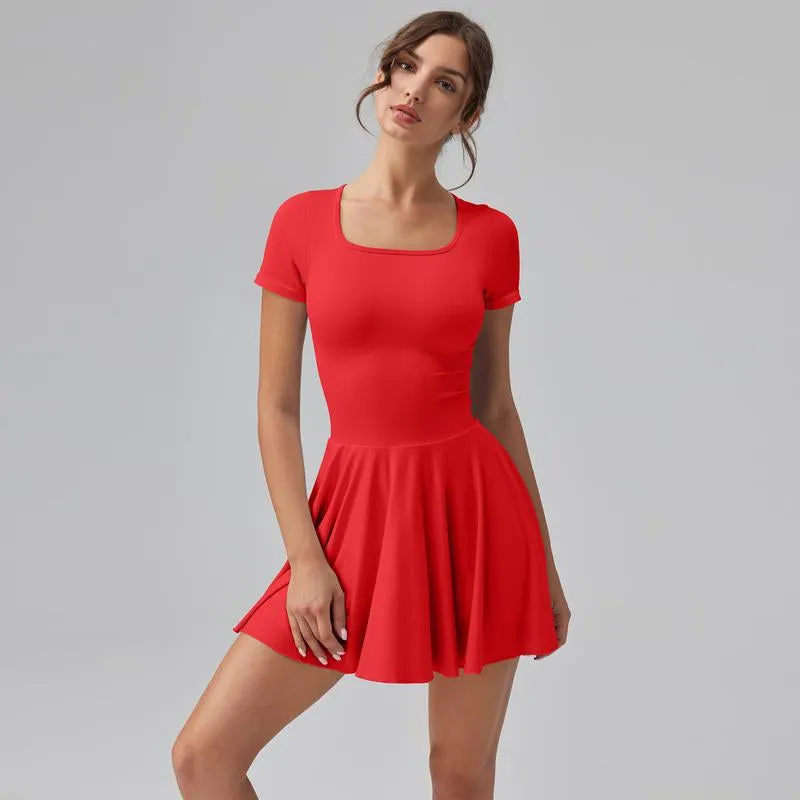 Women'S Square Tie Leggings Pleated Hem Mini Dress