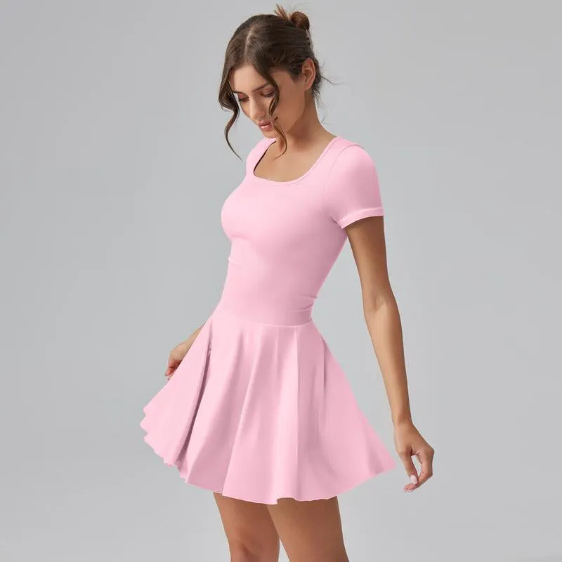 Women'S Square Tie Leggings Pleated Hem Mini Dress