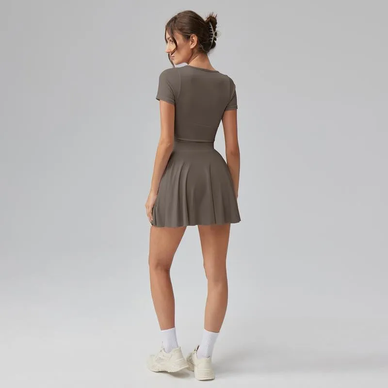 Women'S Square Tie Leggings Pleated Hem Mini Dress