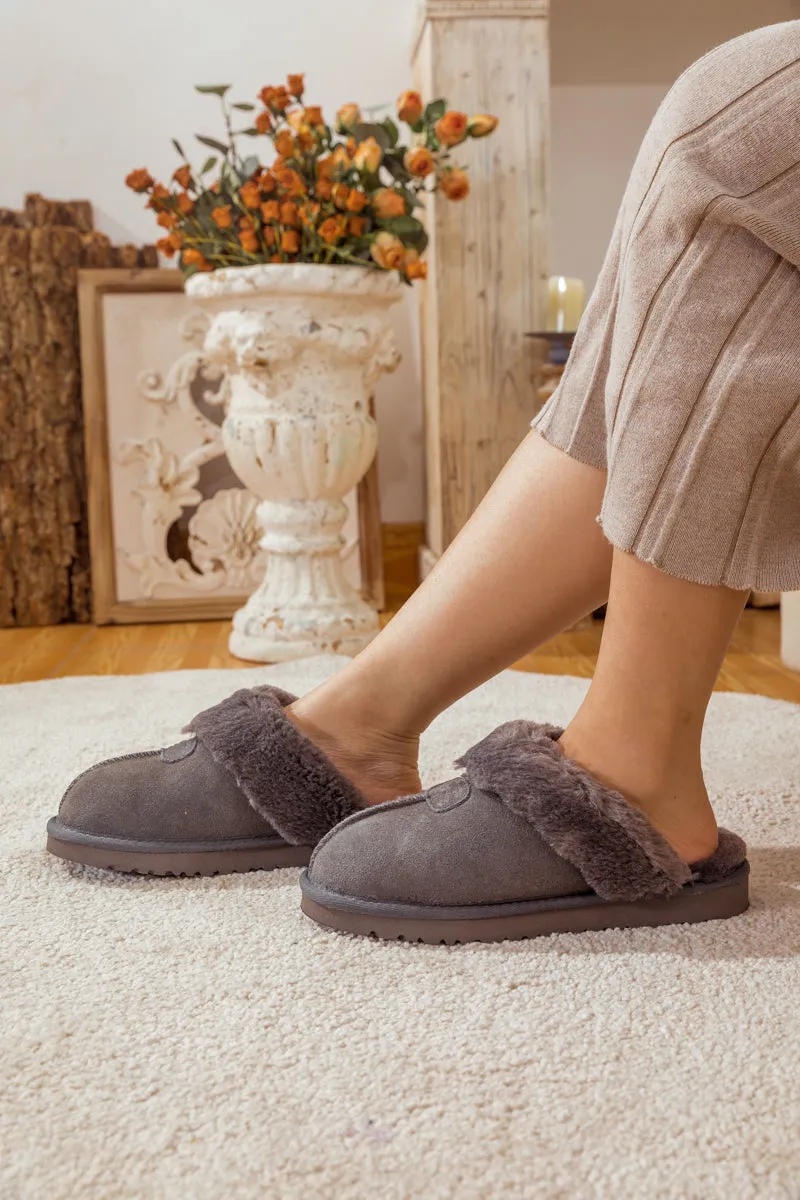 Wool Lined Suede Slipper Stone Grey
