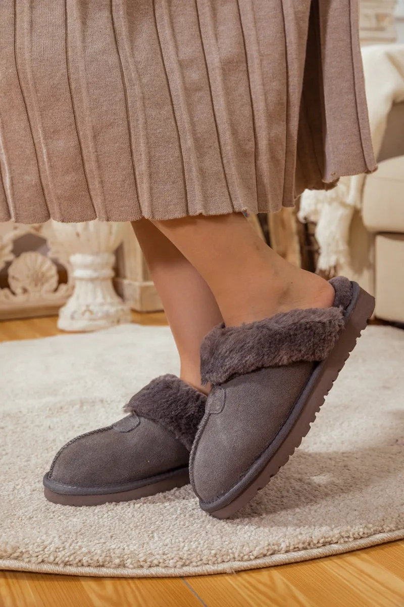 Wool Lined Suede Slipper Stone Grey