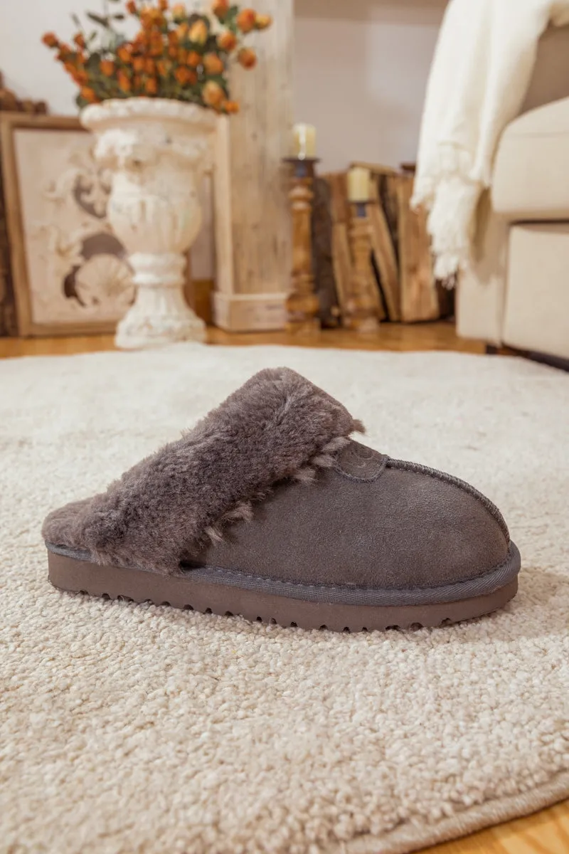 Wool Lined Suede Slipper Stone Grey