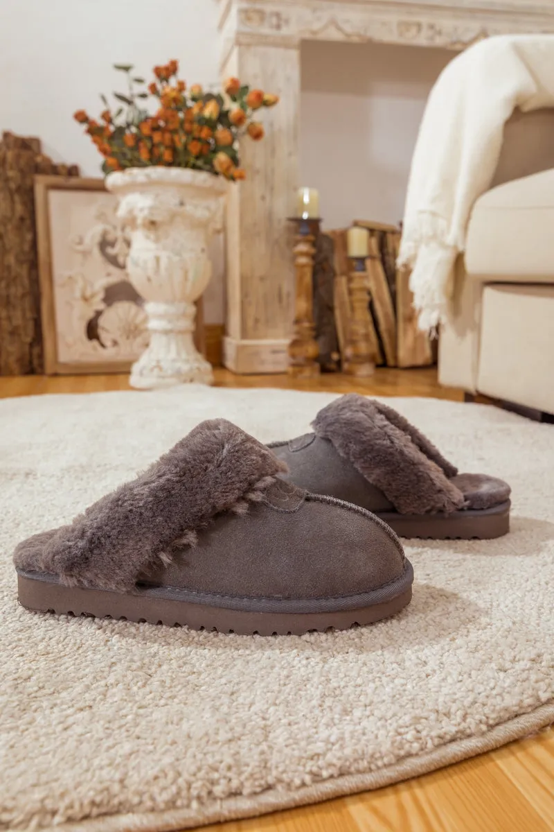 Wool Lined Suede Slipper Stone Grey