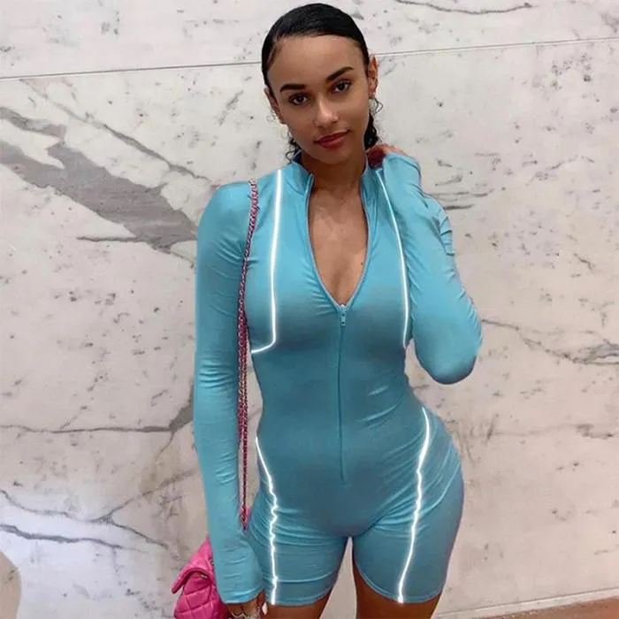 WTEMPO Rompers Luminous Stitching Long-sleeved Tight-fitting Zipper Casual Suit Women Sporty Jogging Jumpsuits