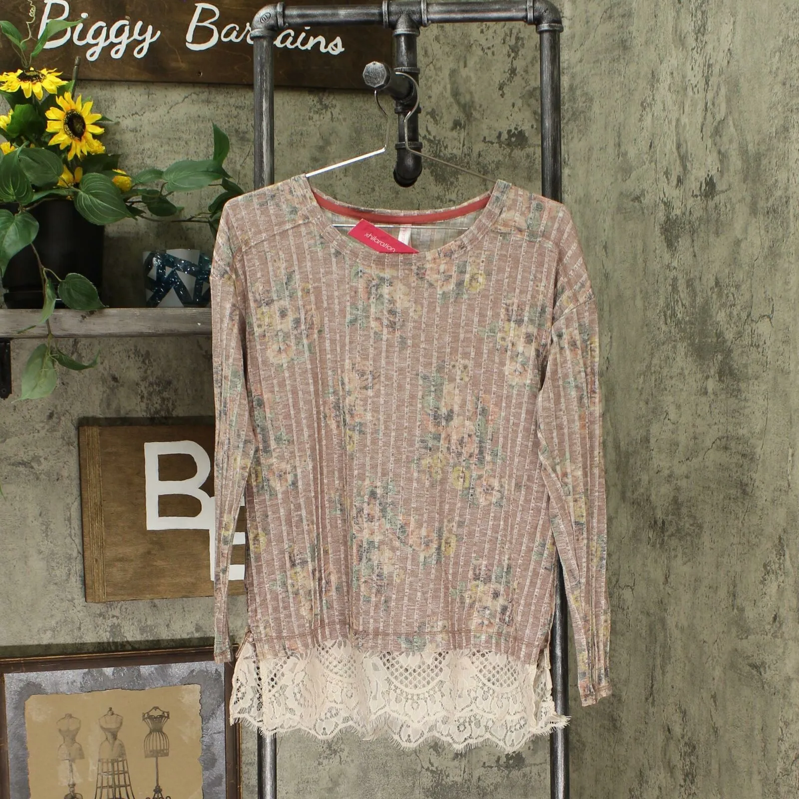 Xhilaration Women's Long Sleeve Round Neck Lace Trim Sweater Knit Top