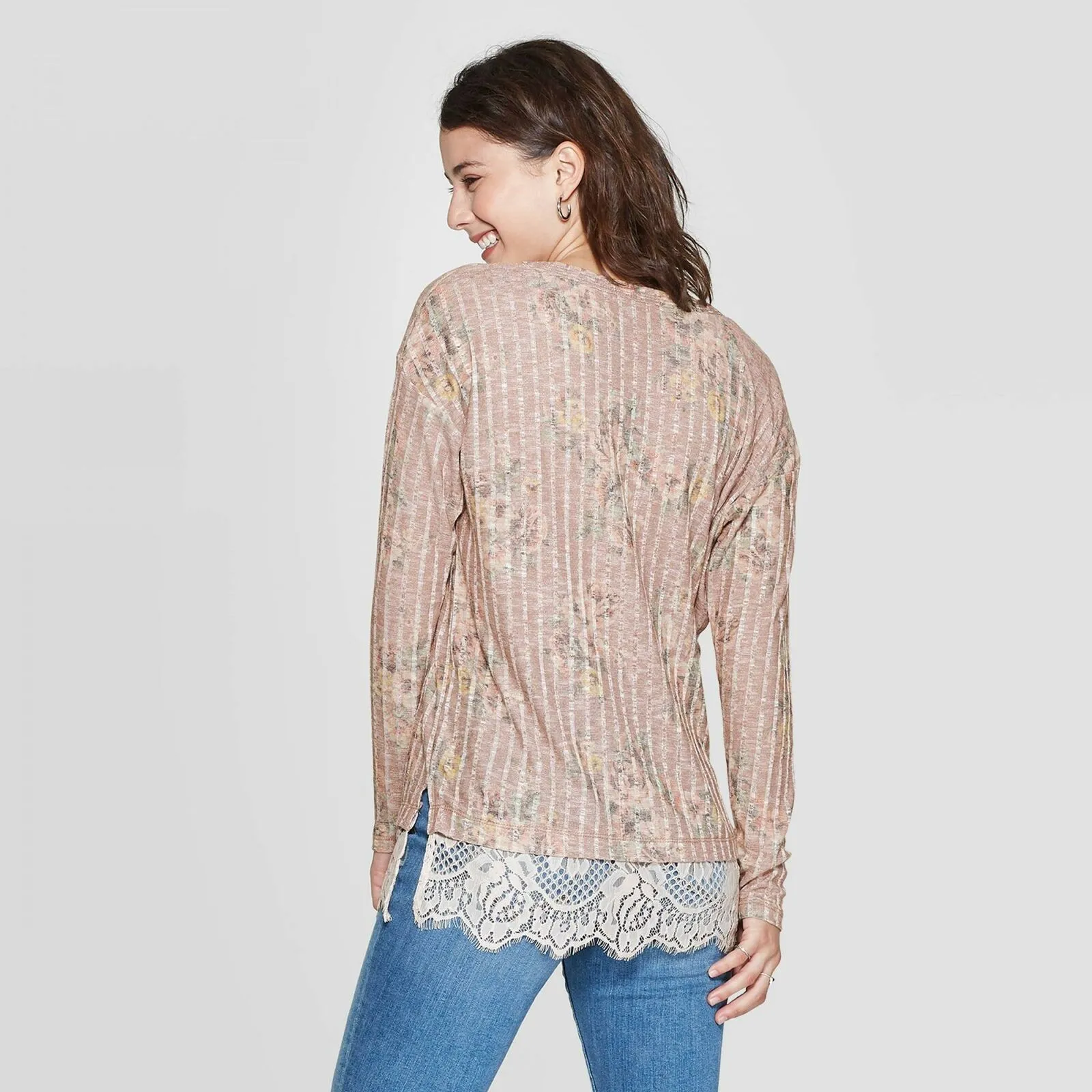 Xhilaration Women's Long Sleeve Round Neck Lace Trim Sweater Knit Top