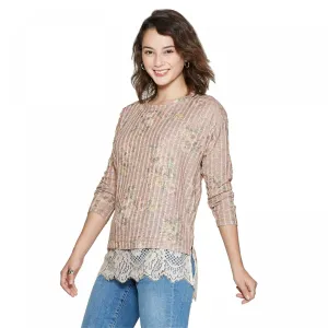 Xhilaration Women's Long Sleeve Round Neck Lace Trim Sweater Knit Top