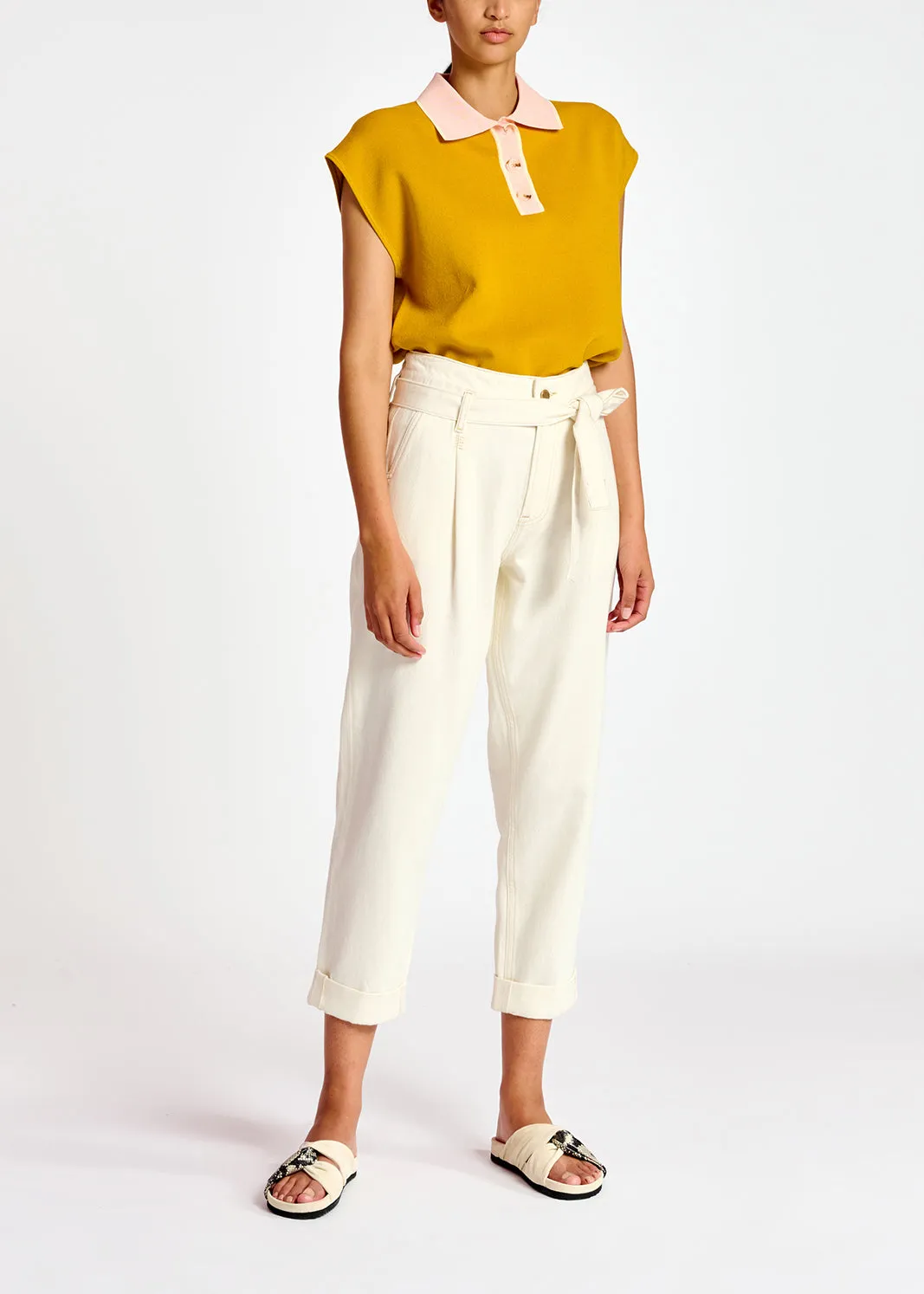 Yellow sleeveless polo top with contrasting collar