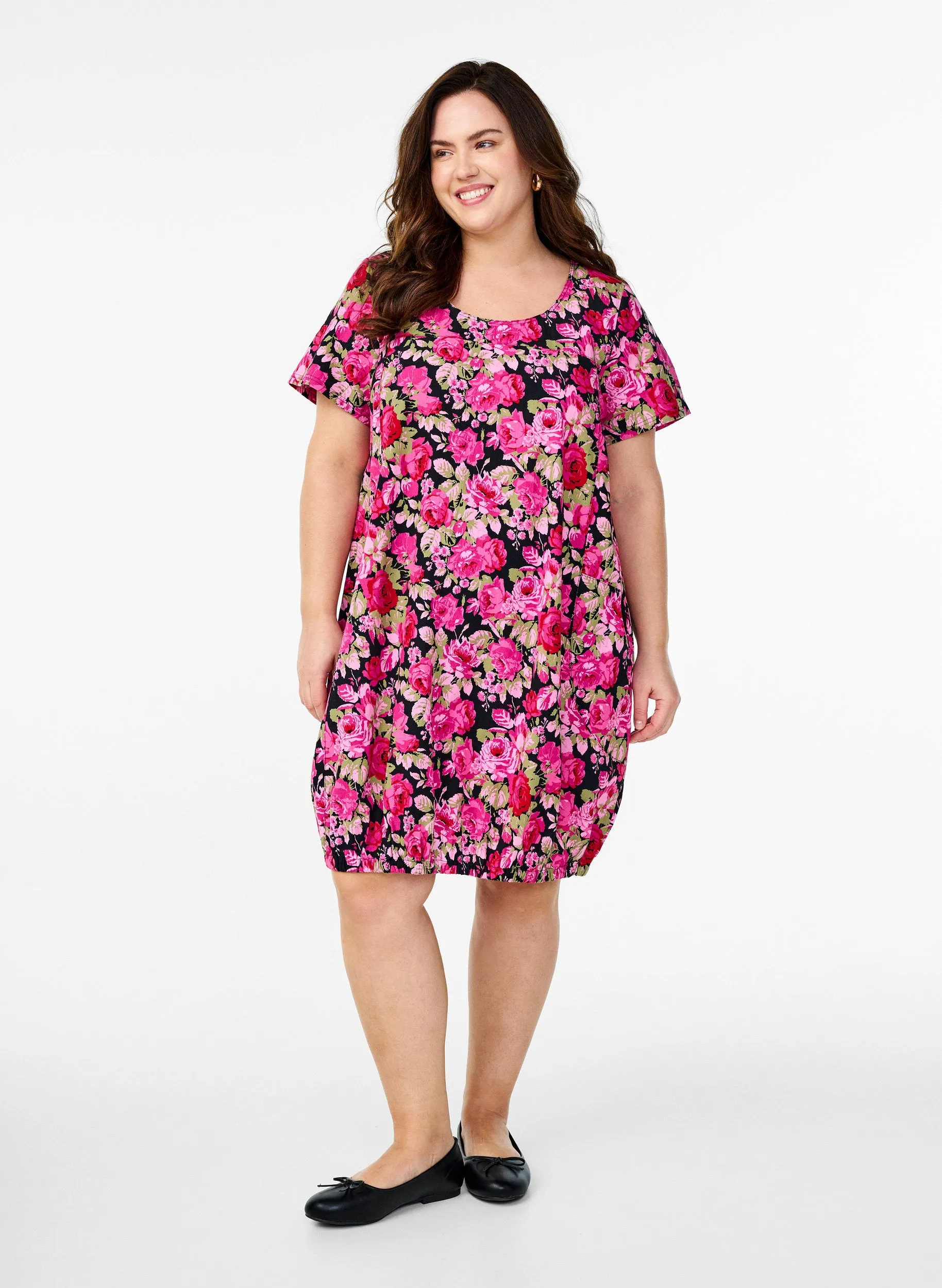 Zizzi Cotton Bubble Dress in Pink Roses
